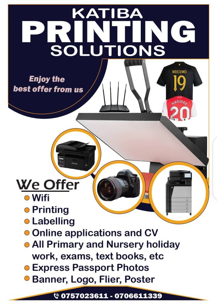 Katiba Printing Solutions offer flyer with printer, camera, heat press, and service list