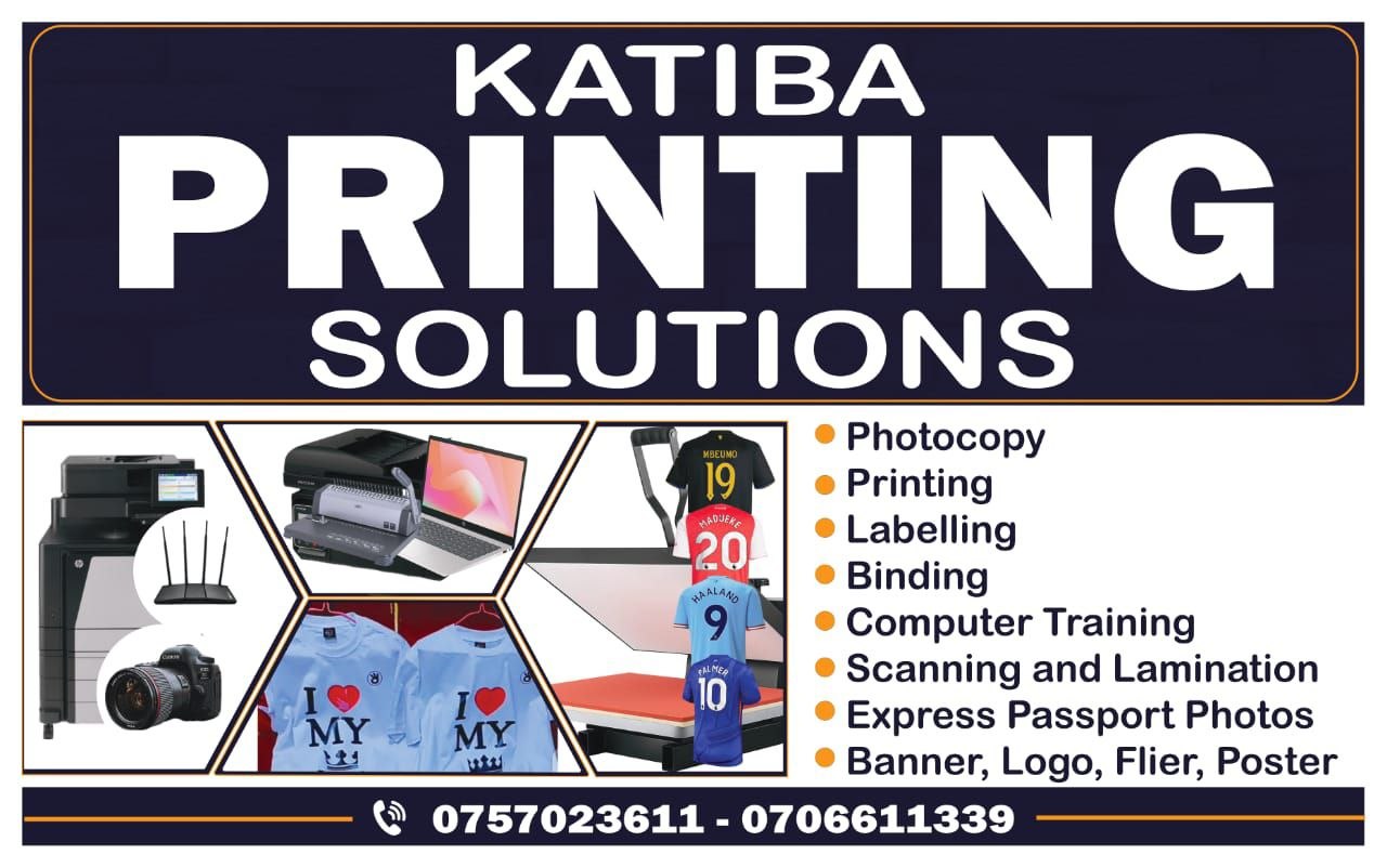 Katiba Printing Solutions flyer showing photocopy, printing, labelling, binding, scanning, and banners