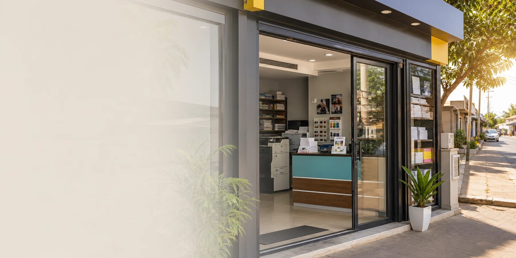 A welcoming street-facing print shop entrance with a print counter inside