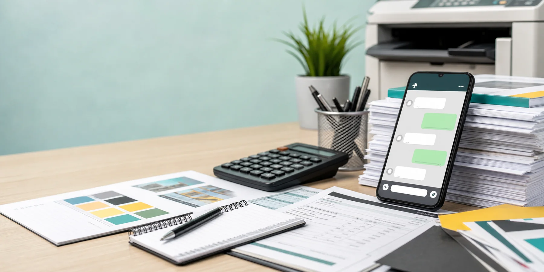 A print quote desk with a phone, notebook, calculator, and order papers