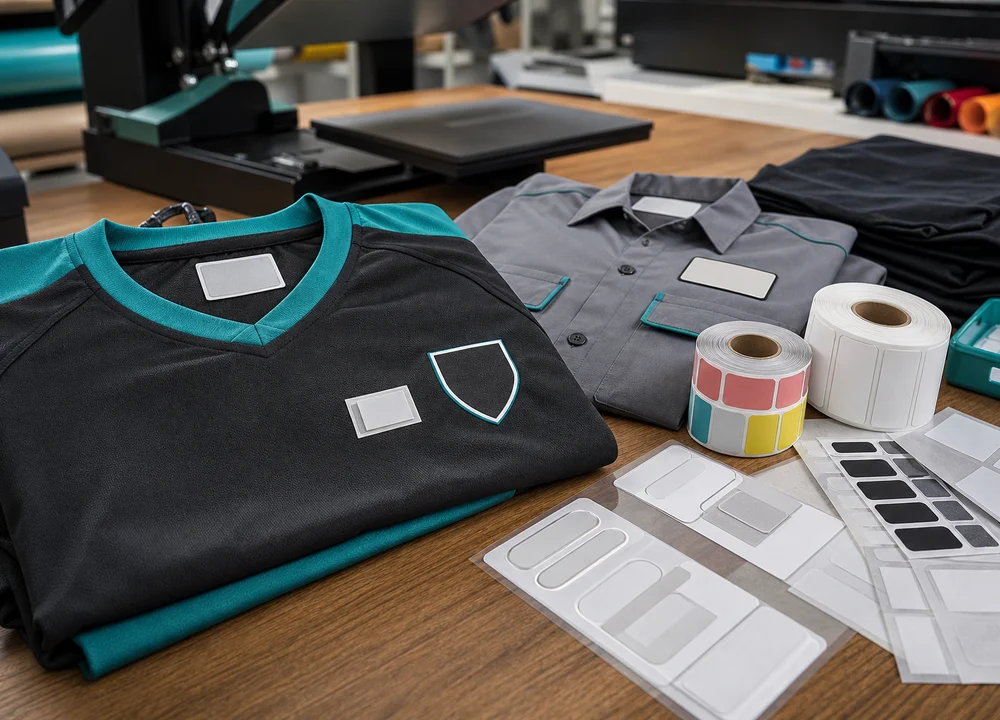 Jerseys, uniform labels, sticker rolls, and branding materials on a worktable
