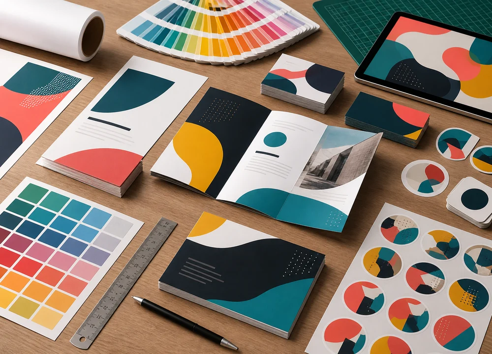 Color swatches, poster mockups, flyers, business cards, and sticker sheets