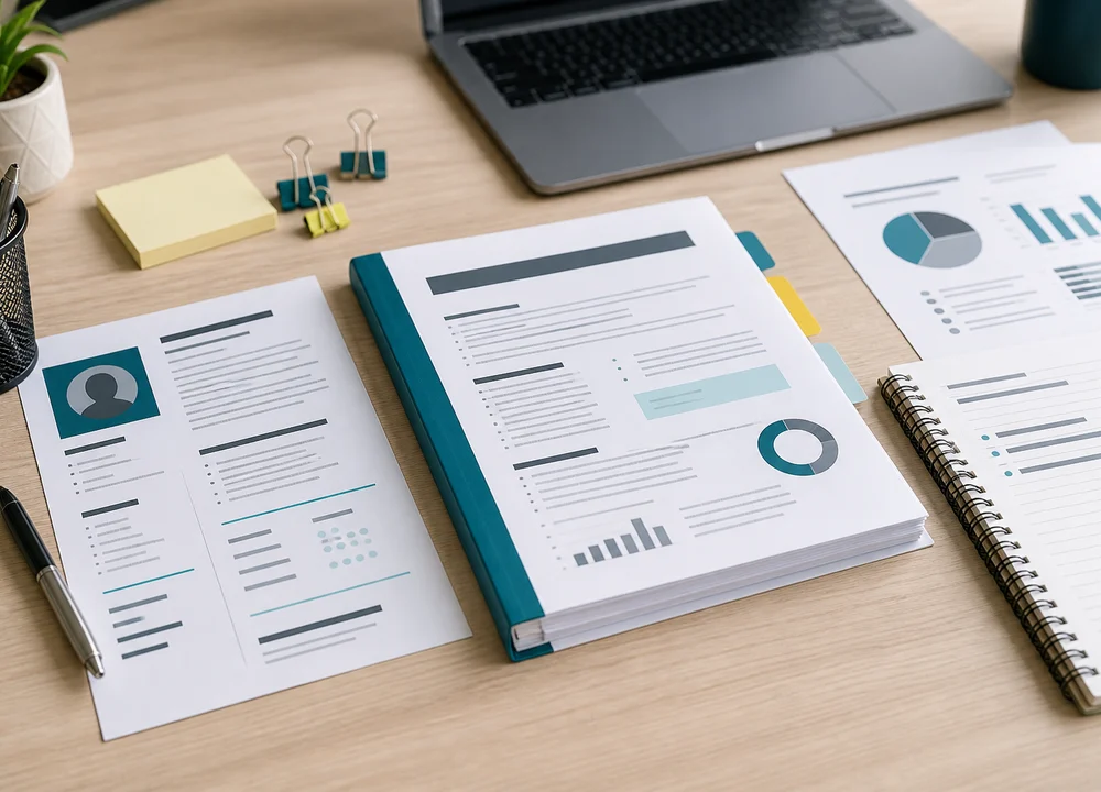 Organized CV pages, reports, presentation pages, and notes on a desk