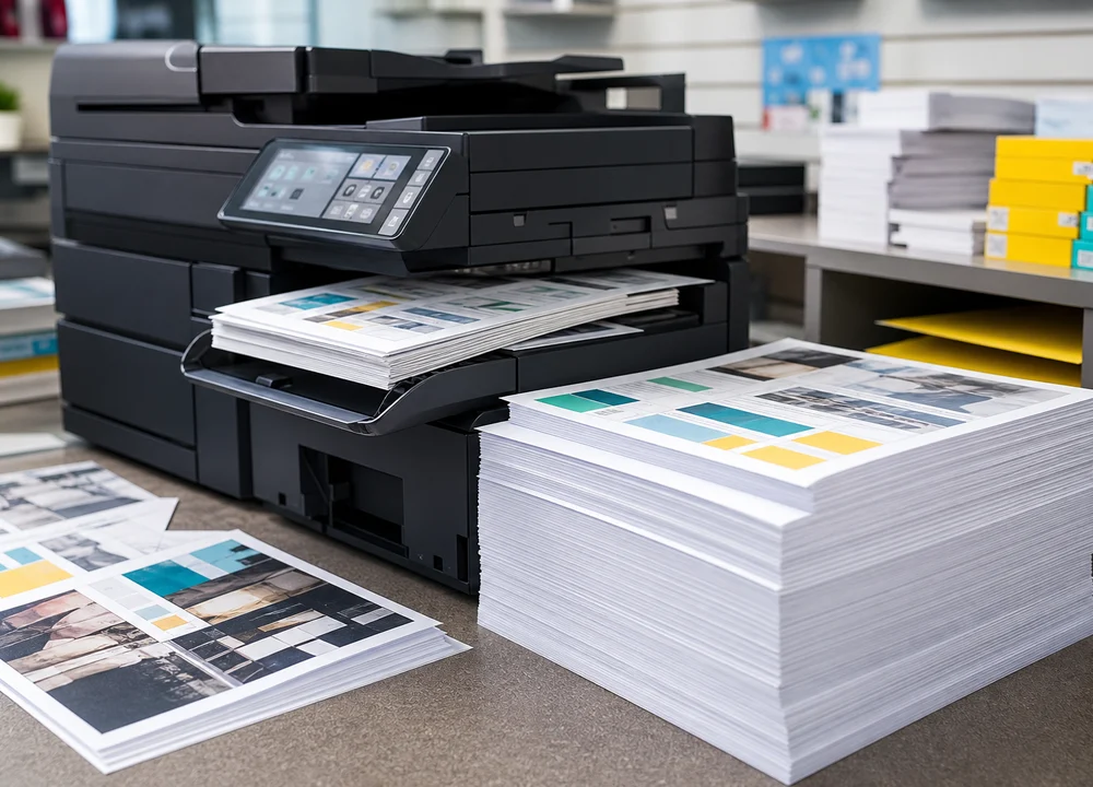 A copier printing pages beside a stack of A4 paper