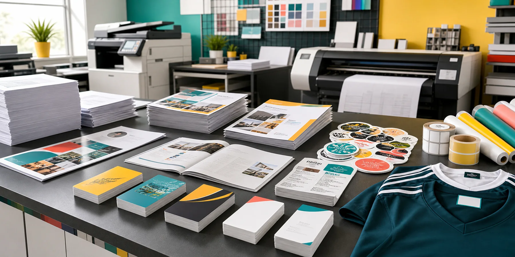 Printed paper, stickers, flyers, cards, and labeling samples on a print shop table